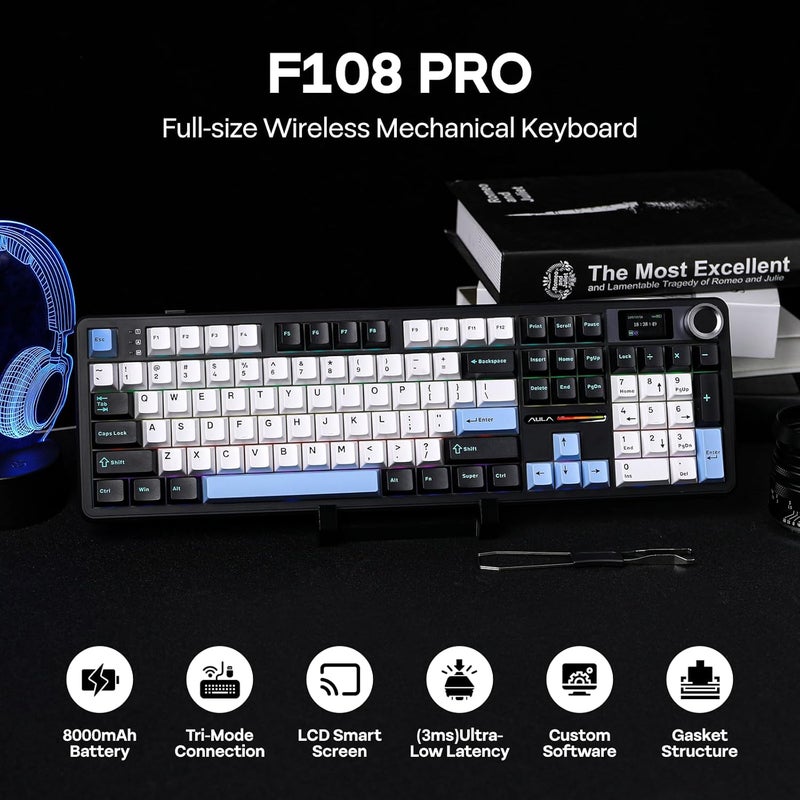 EPOMAKER X Aula F108 PRO Wireless Gaming Keyboard with Screen, 8000mAh Battery, 104 Hot-Swappable and Programmable Keys and Knob, RGB Backlight, for Mac/PC/Android (Blue&White&Black) - Image 2
